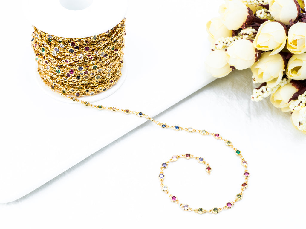 1 Foot/Yard-Multi Colored CZ Beaded Chain-4mm Cubic Zirconia Beads-Gold Silver Rose Gold Gunmetal Plated over Brass-Bezel Chain, sku#E347