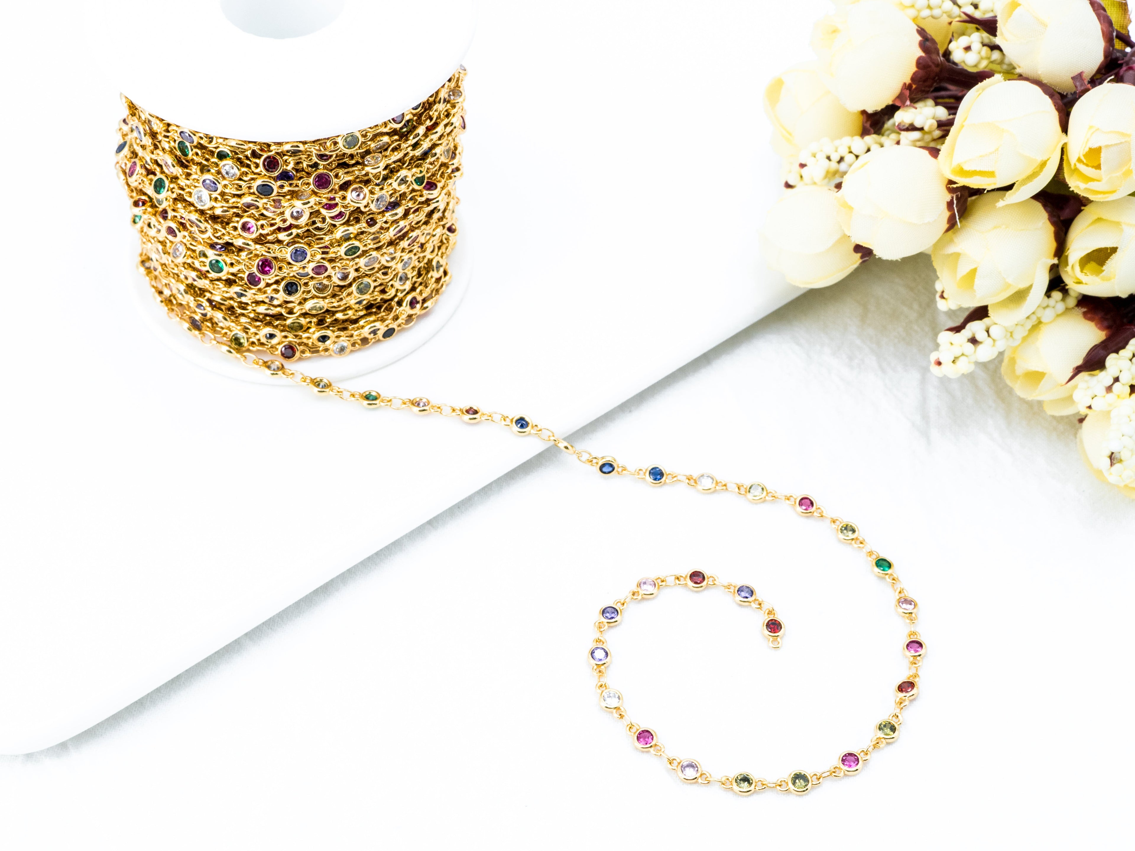 1 Foot/Yard-Multi Colored CZ Beaded Chain-4mm Cubic Zirconia Beads-Gold Silver Rose Gold Gunmetal Plated over Brass-Bezel Chain, sku#E347