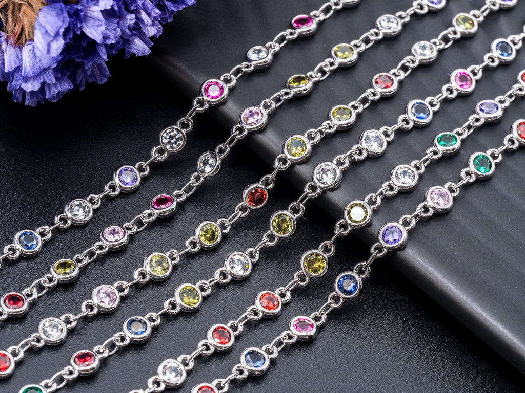 1 Foot/Yard-Multi Colored CZ Beaded Chain-4mm Cubic Zirconia Beads-Gold Silver Rose Gold Gunmetal Plated over Brass-Bezel Chain, sku#E347