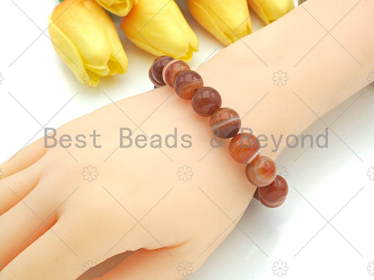 High Quality Natural Orange Red Banded Agate Stretchy Bracelet, 8mm/10mm/12mm Elastic Fit Round Smooth Bracelet, 7.5'' Bracelet, Sku#EF14