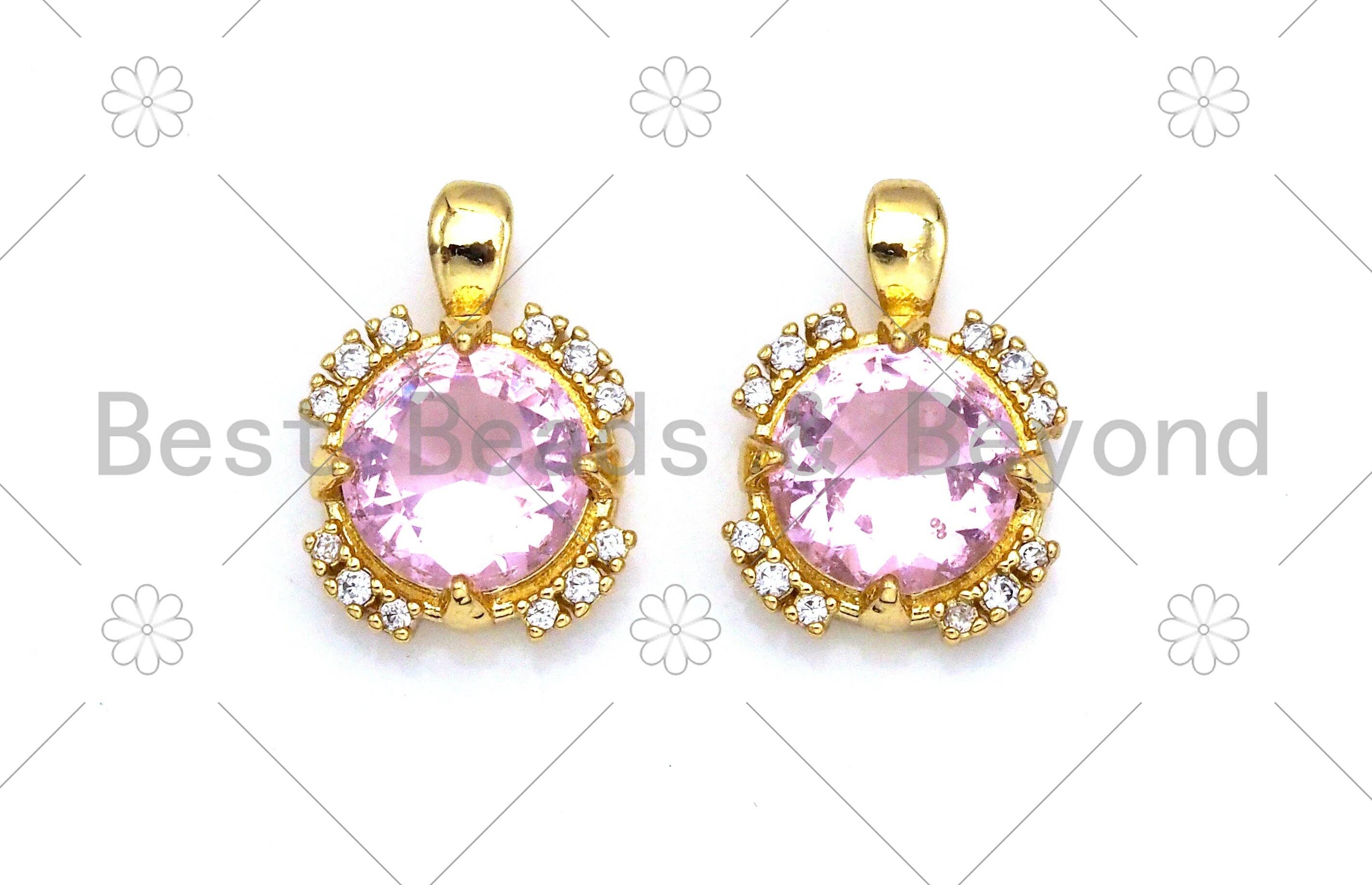 Pink CZ Micro Pave Cute Round Shape Pendant, 18K Gold Filled Round CZ Charm, Big CZ Pave Pendant, 11x15mm, Sku#LK372