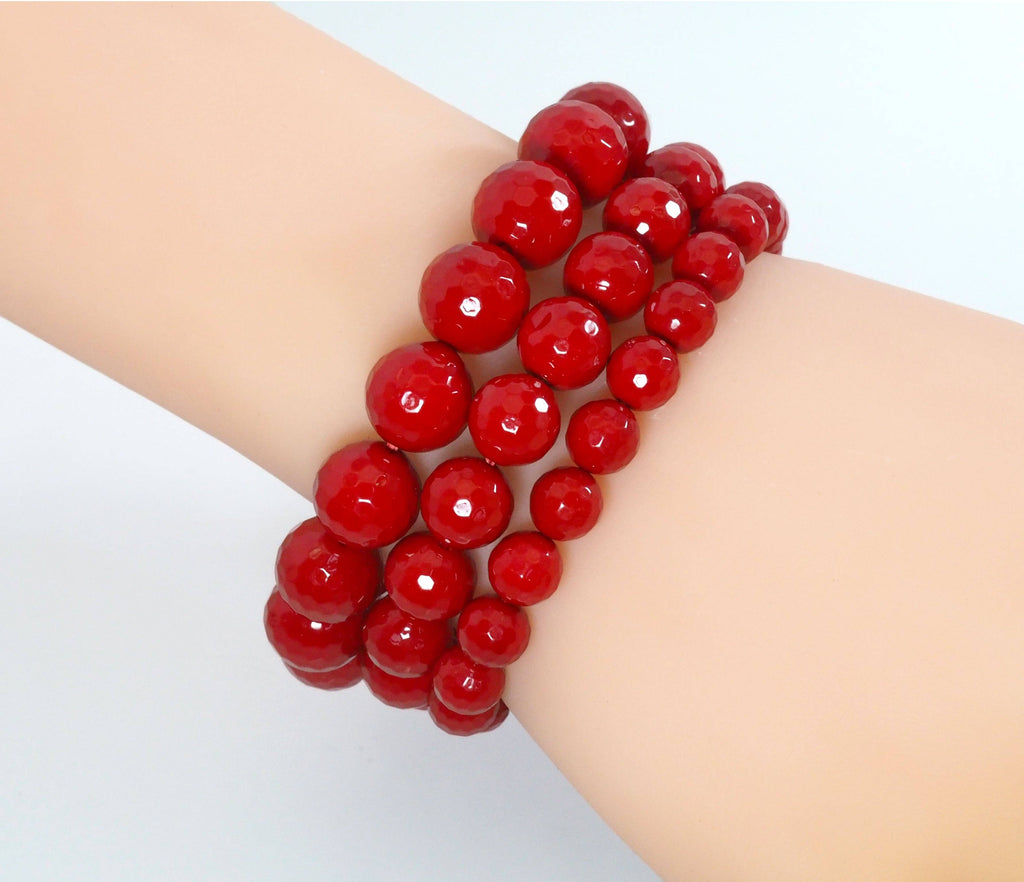 Natural Red MOP Faceted Round Stretchy Bracelet, 8mm/10mm/12mm. Sku#EF273
