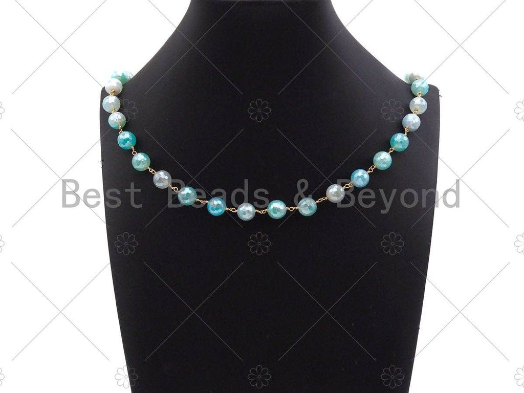 Mystic Agate Green/Aqua Blue/Pink Rosary Chain, 10mm Agate Beaded Chain, Wire Wrapped Gold Chain,Sku#V88