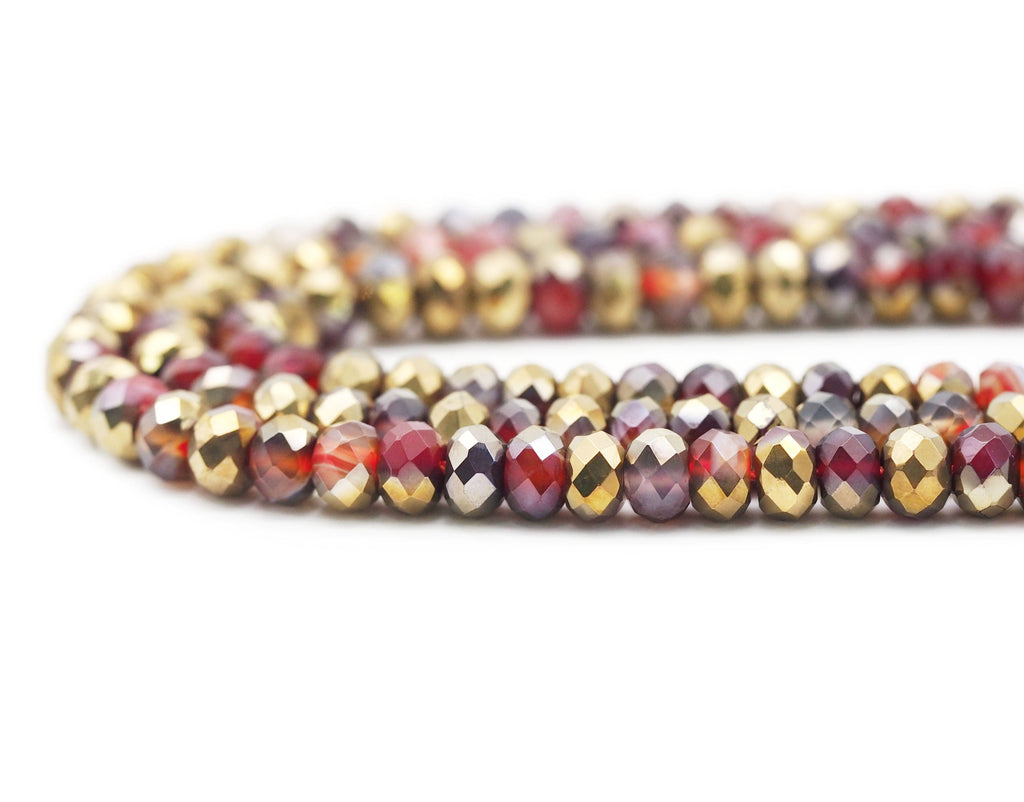 Half Gold Plated Natural Orange Red Banded Agate Rondelle Faceted Beads, Sku#UA274