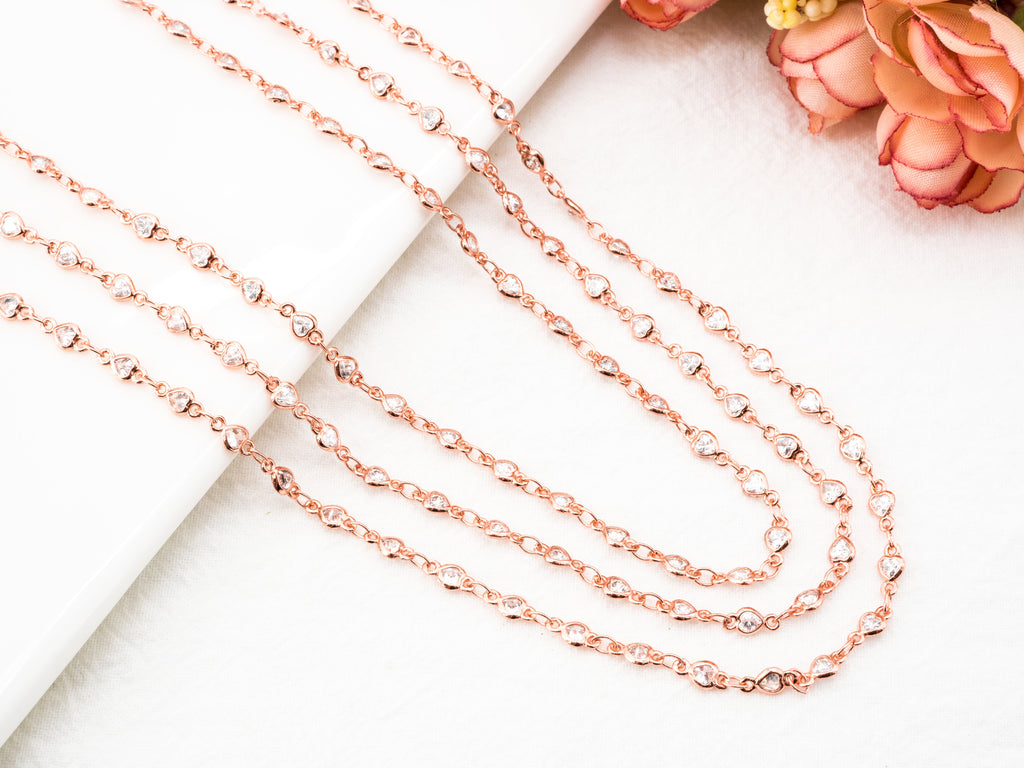 1 Foot/Yard-Clear CZ Pave Heart Shaped Beaded Chain-4mm Cubic Zirconia Beads-Silver Rose Gold Gunmetal-Bezel Rosary Chain, sku#E349