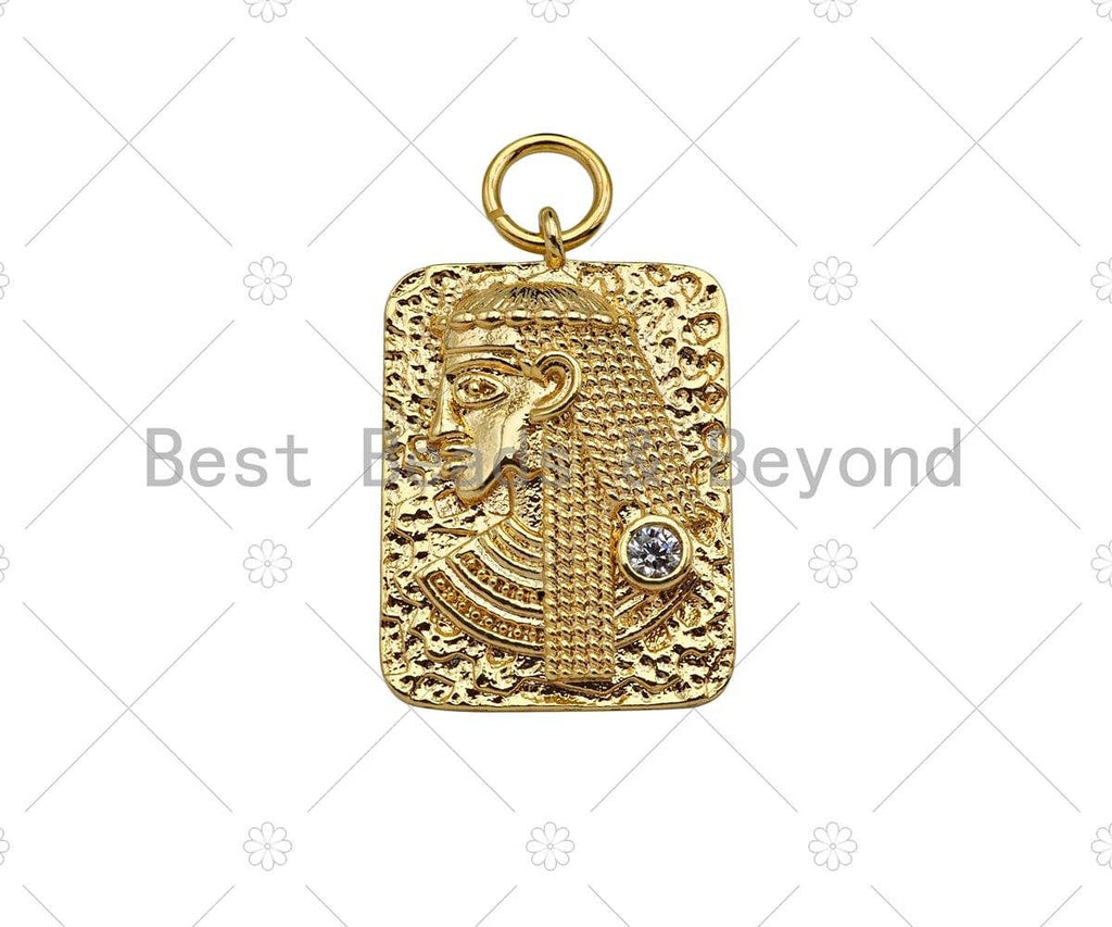 Gold Filled CZ Micro Pave Egyptian Head On Rectangle Pendant, 14K Gold Filled Medallion Charm, Necklace Bracelet Pendant, 19x13mm,Sku#ZX27