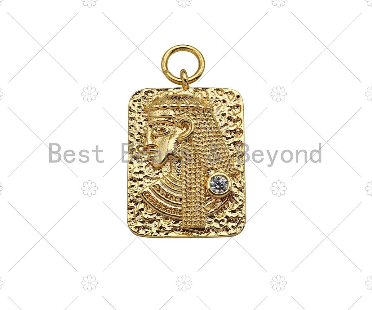 Gold Filled CZ Micro Pave Egyptian Head On Rectangle Pendant, 14K Gold Filled Medallion Charm, Necklace Bracelet Pendant, 19x13mm,Sku#ZX27
