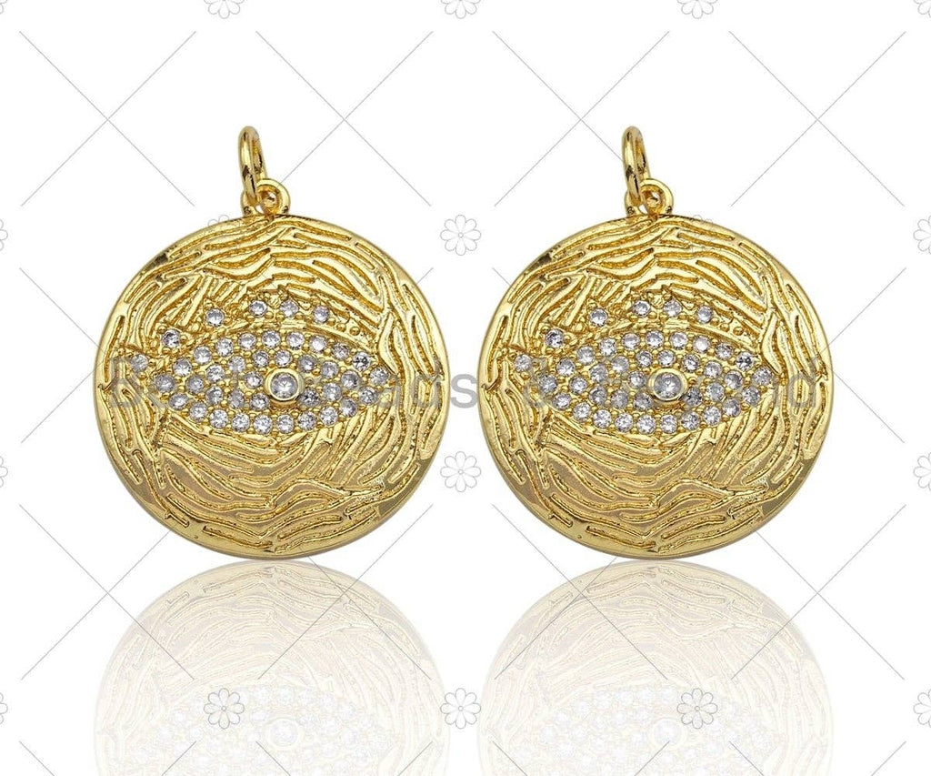 18K Gold Finish Evil Eye On Round Coin Shape Pendant, Round Charm, Evil Eye Pave Pendant, Gold plated, 20mm, Sku#LK62