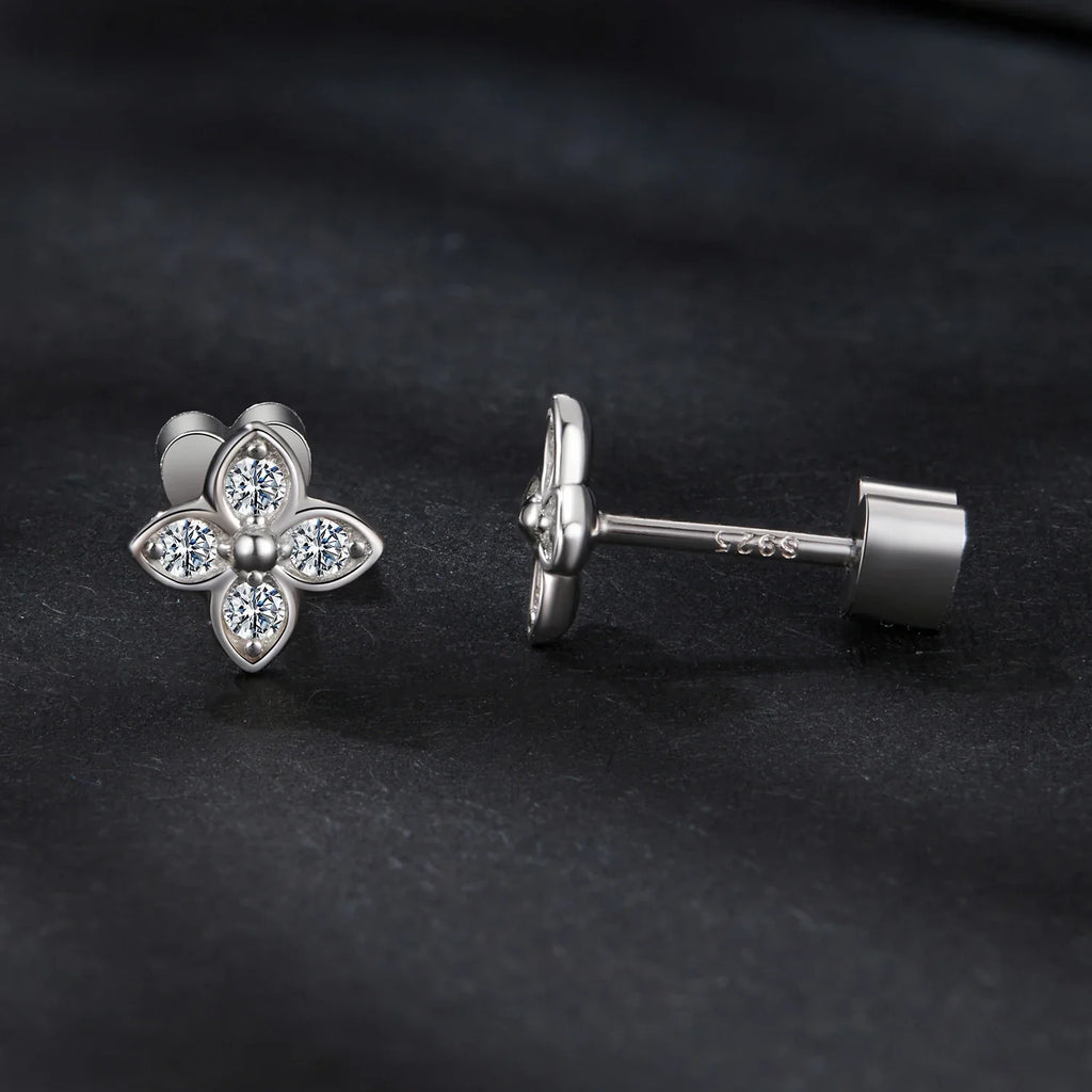 925 Sterling Silver 4-Leaf Clover Moissanite Earrings Hypoallergenic Screwback
