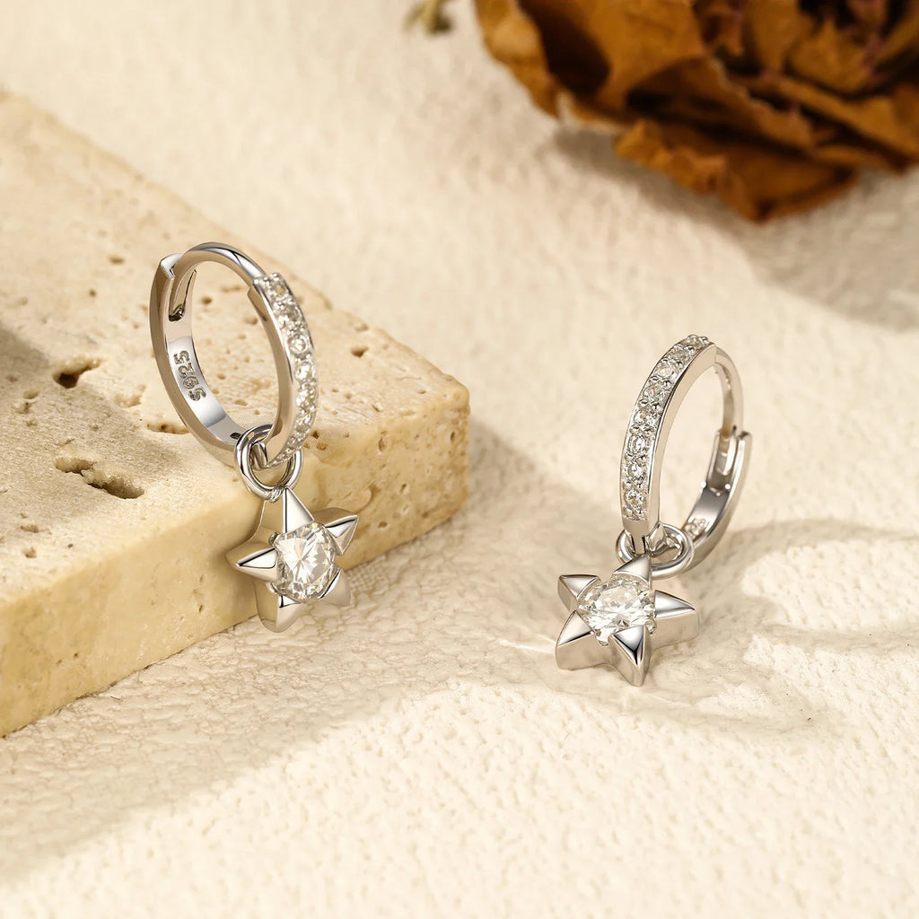 925 Sterling Silver Moissanite Star Hoop Earrings D Color Shiny For Women