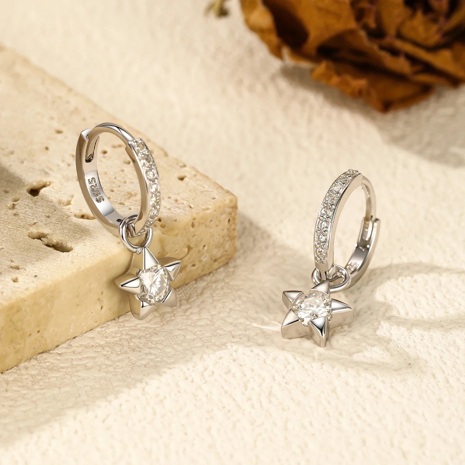 925 Sterling Silver Moissanite Star Hoop Earrings D Color Shiny For Women