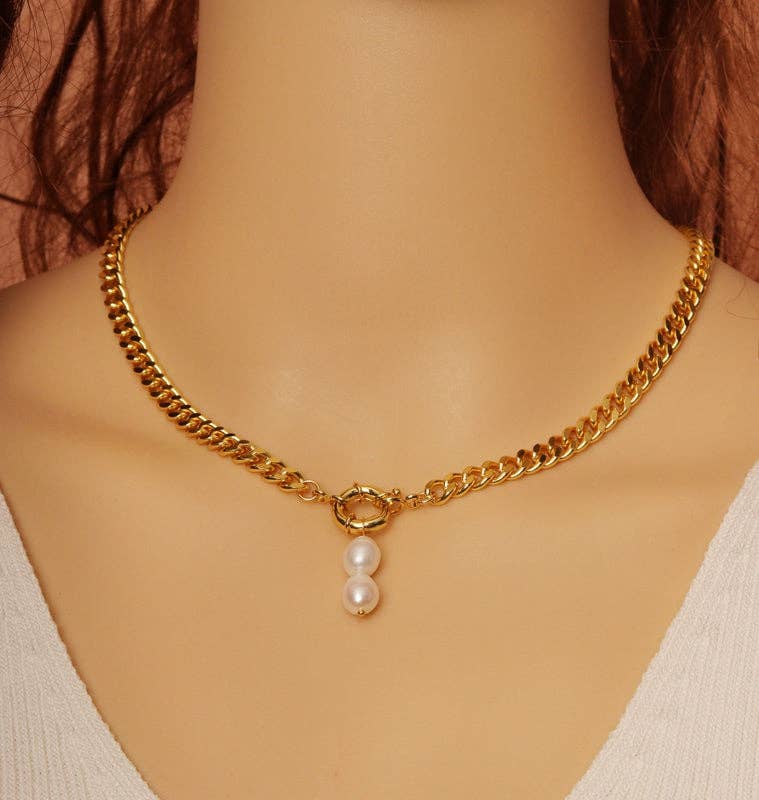 Gold Cuban Link Chain Necklace with Pearl Pendant,sku#EF264