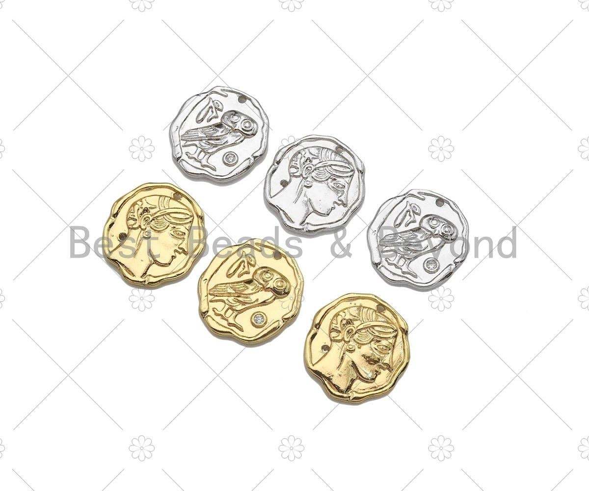 CZ Micro Pave Owl with Lady Head on the other Side Coin Shape Pendant,14K Gold Medallion Charm,Necklace Bracelet Charm,16x18mm,Sku#ZX02