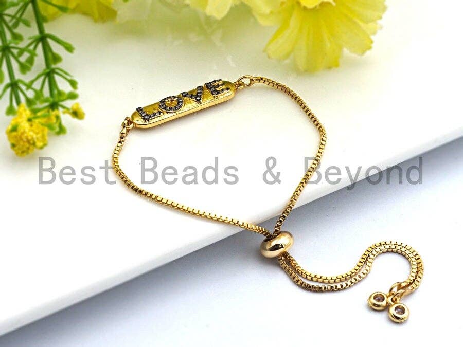 Dual Color CZ Micro Pave 7x31mm Slab Oval With LOVE Letter Two Hole Bracelet Connector, Cubic Zirconia Connector/Link,sku#E487C
