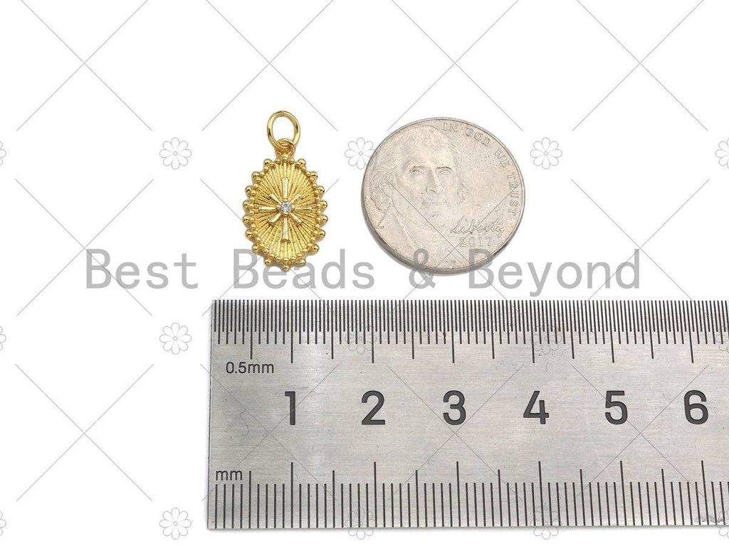 CZ Micro Pave North Star On Oval Shape Pendant,18k Dainty Gold Radial Medallion Charm, Necklace Bracelet Charm Pendant,11x18mm,Sku#Z1322