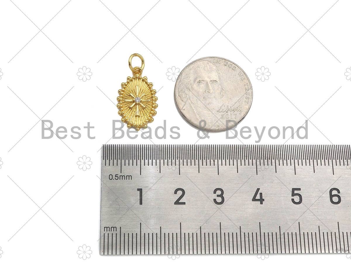 CZ Micro Pave North Star On Oval Shape Pendant,18k Dainty Gold Radial Medallion Charm, Necklace Bracelet Charm Pendant,11x18mm,Sku#Z1322