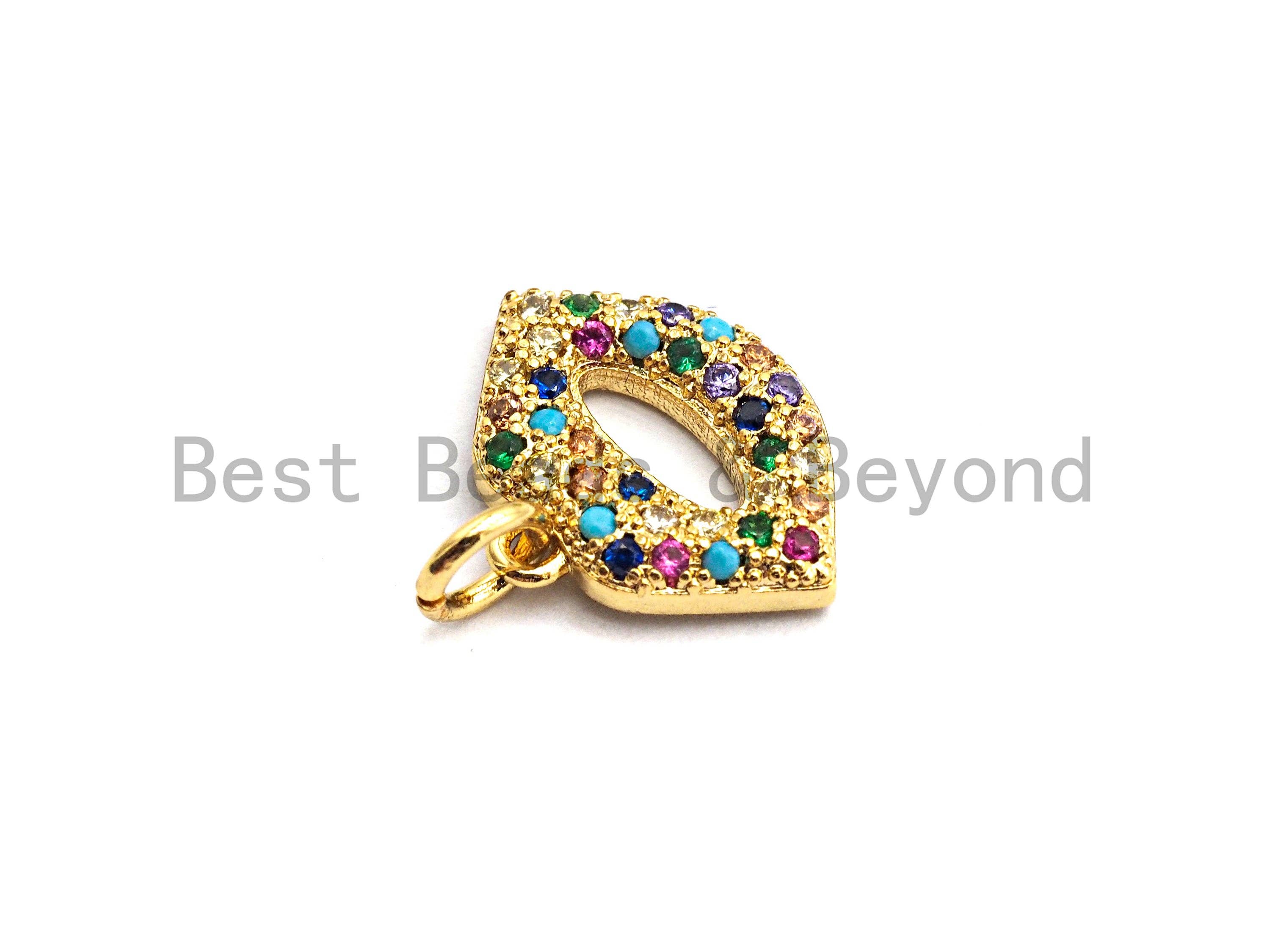 CZ Colorful Micro Pave Lip Charm, Lip Shaped Pave Pendant, Gold plated, 12x15mm, Sku#F750