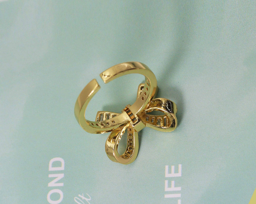Gold Silver Baguette CZ Bow Shape Ring,Sku#X302