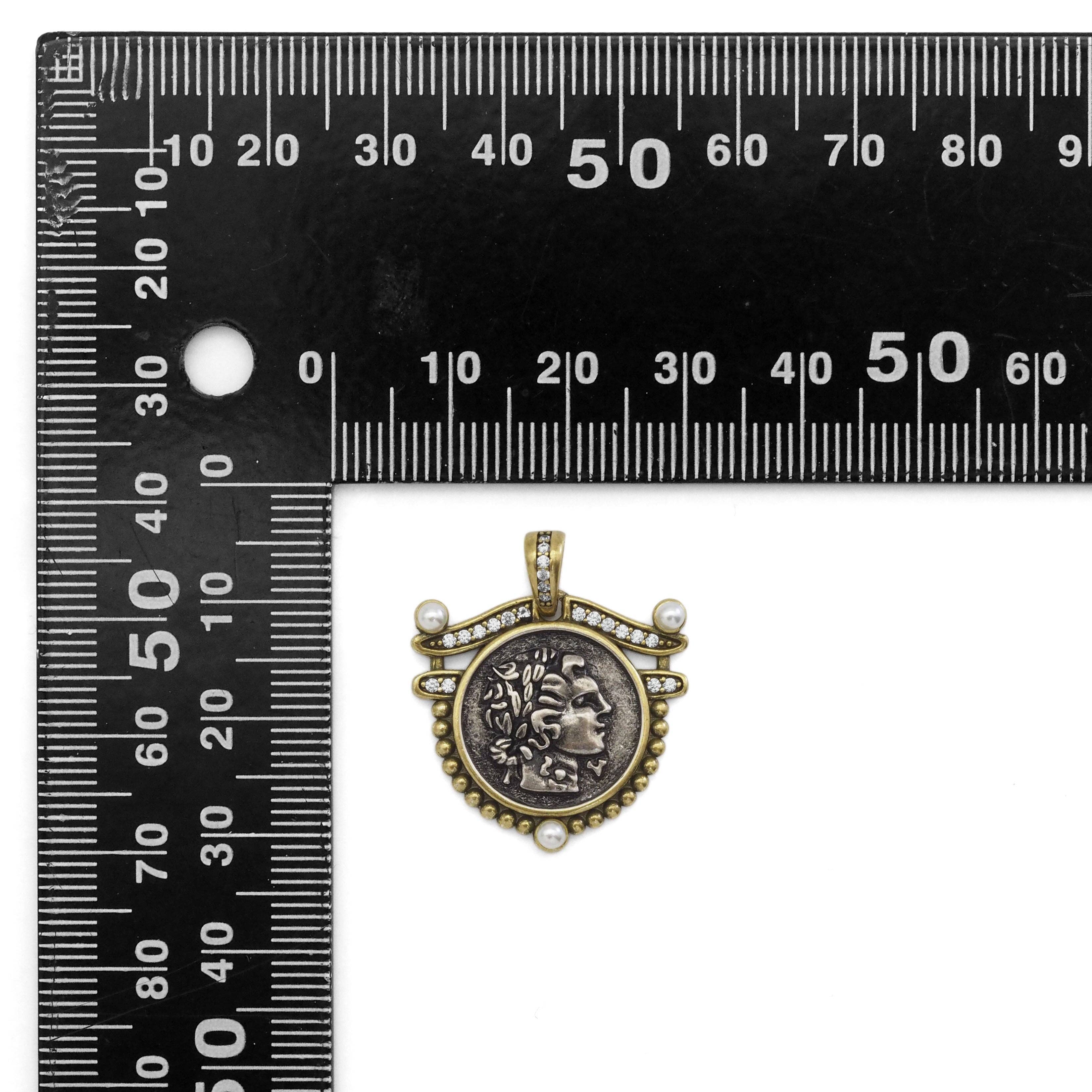 Double-sided Ancient Coin Pendant with CZ Pearl, Sku#Y884
