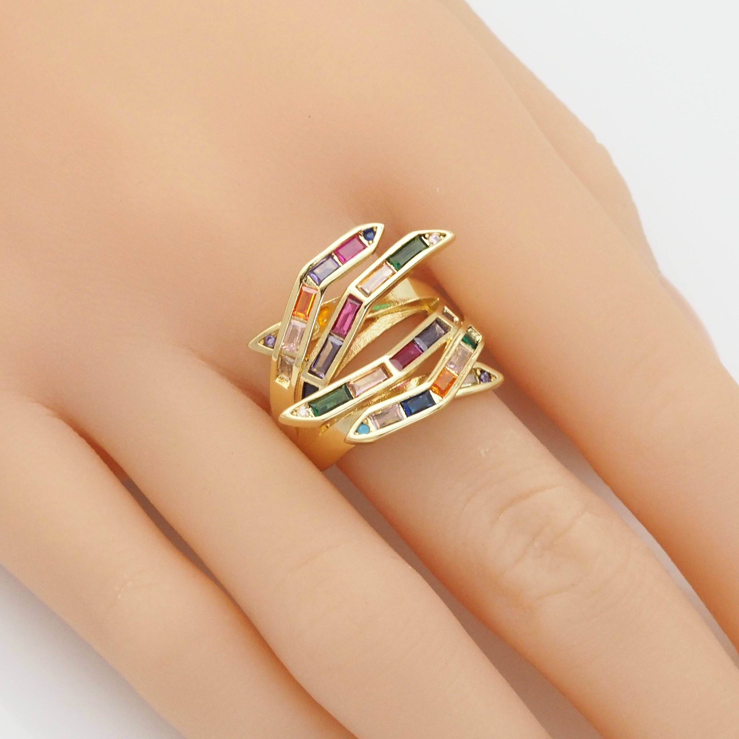 Gold Multicolor Baguette CZ Adjustable Ring, Sku#LX245
