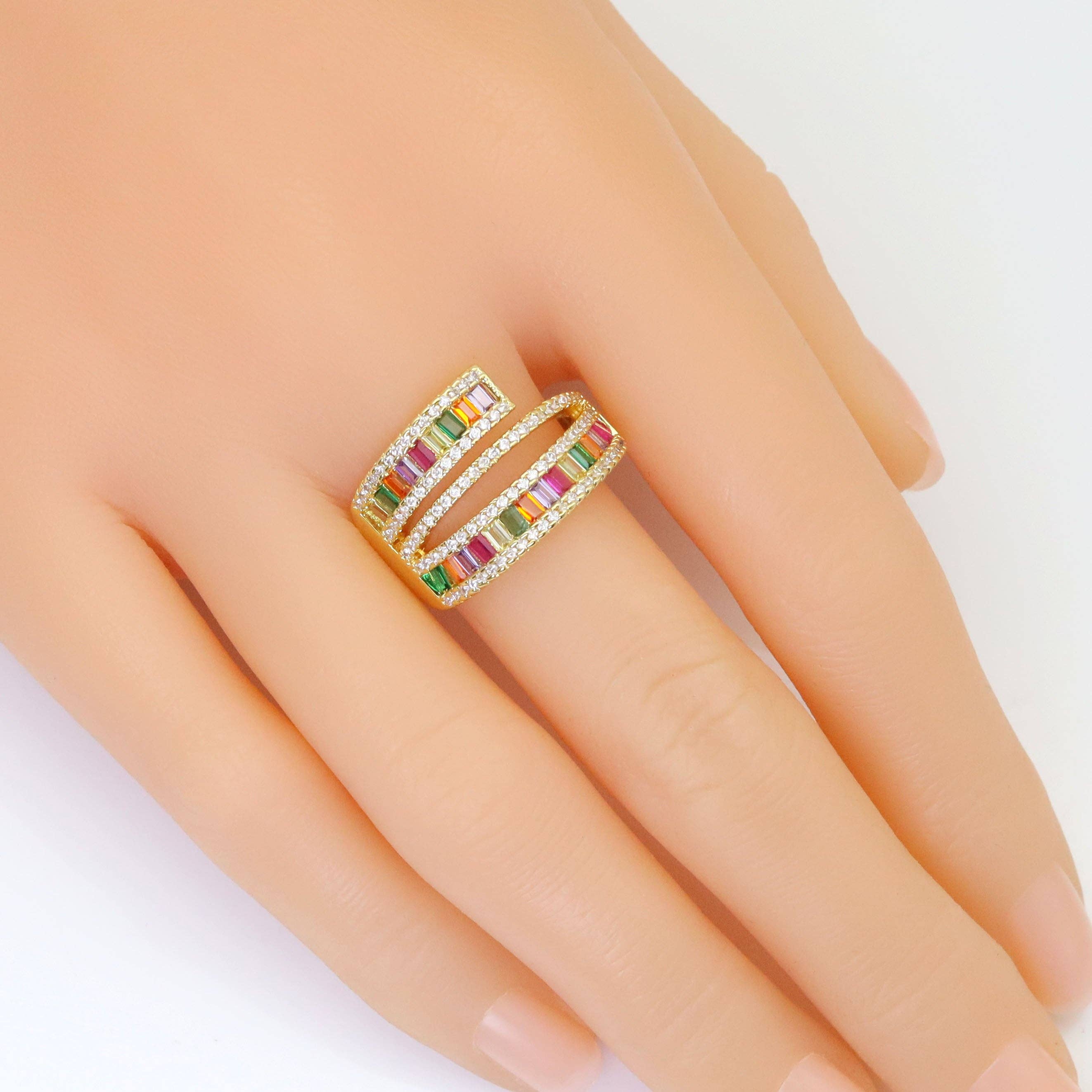 Colorful Baguette CZ Gold Wrap Adjustable Ring, Sku#LX496