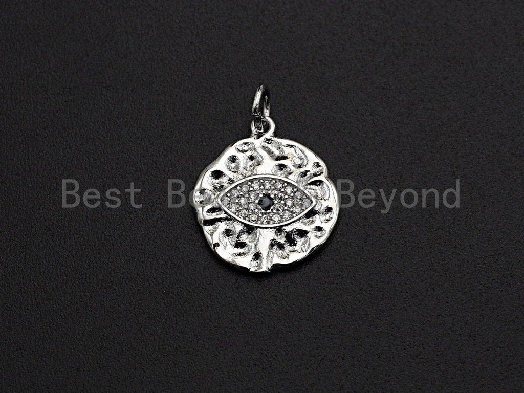 Hammered CZ Micro Pave Evil Eye on Disc Pendant/Charm,Evil Eye CZ Pendant, Silver/Gold/Rose Gold/Black Tone,15x17mm,Sku#Z454