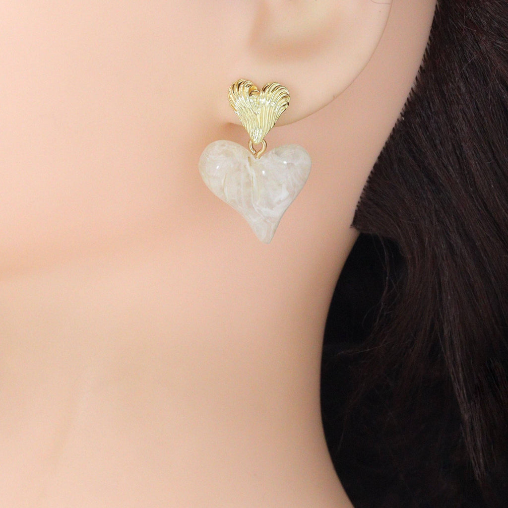 White Heart Brown Square Statement Earrings, Sku#O122