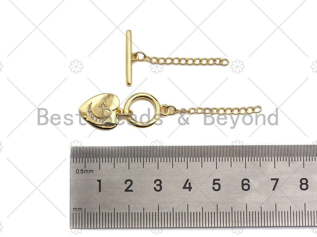 1 Set CZ Micro Pave Moon Star on Heart Toggle Clasp, Gold/Silver Color Heart Toggle Clasp, T-bar closures, 13x15mm, sku#K129