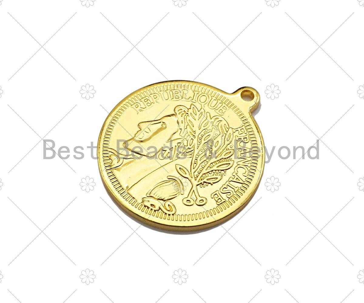18k Gold Embossed Coin Charms, Medallion Charms Pendant, Round Necklace Charms, 29x25mm, Sku#Y376