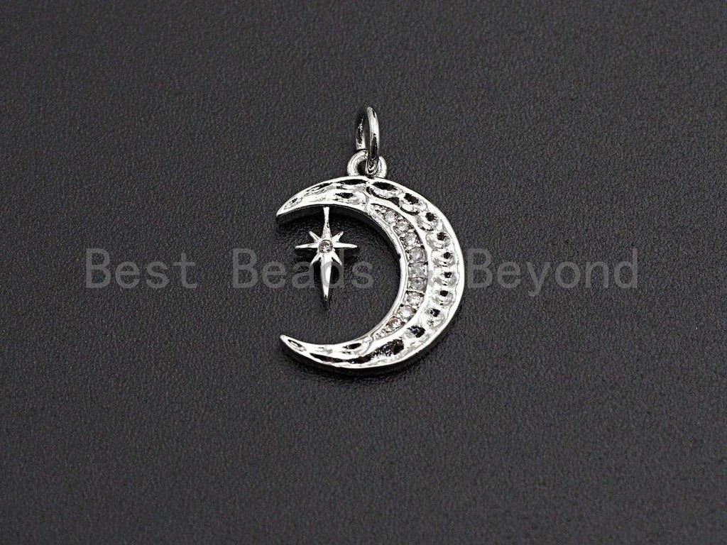 CZ Micro Pave Crescent Moon With North Star Pendant, Cubic Zirconia Pendant, Silver/Gold/Rose Gold/Black Tone,13x17mm, Sku#Z485