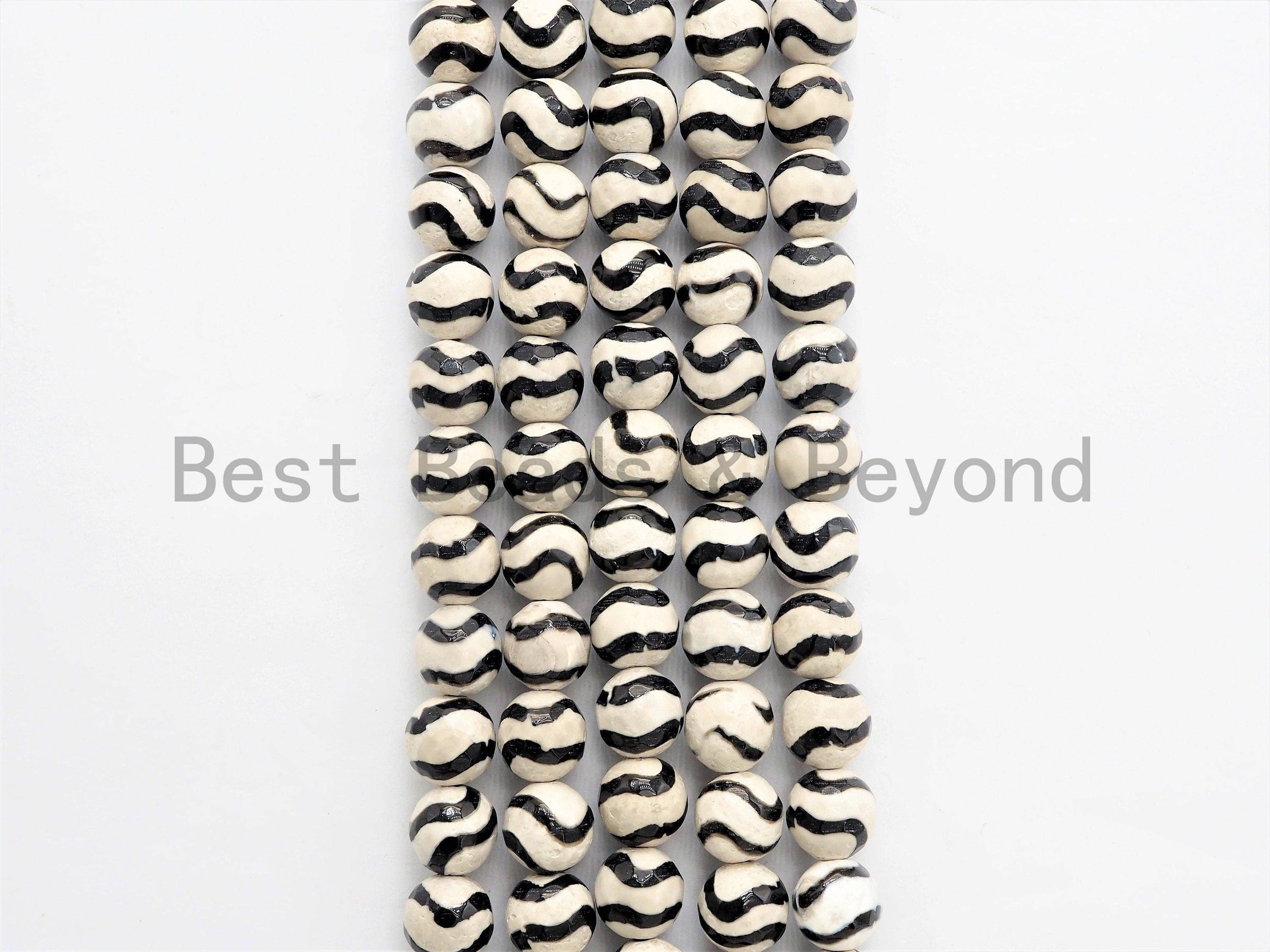 Dzi Black Band Faceted Round Beads,  Zebra Striped Tibetan A
