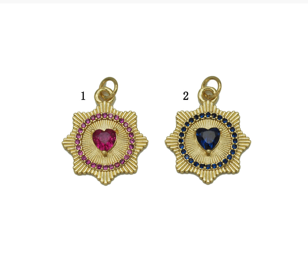Blue Fuchsia CZ Spike Heart Coin Charm, Sku#LX44