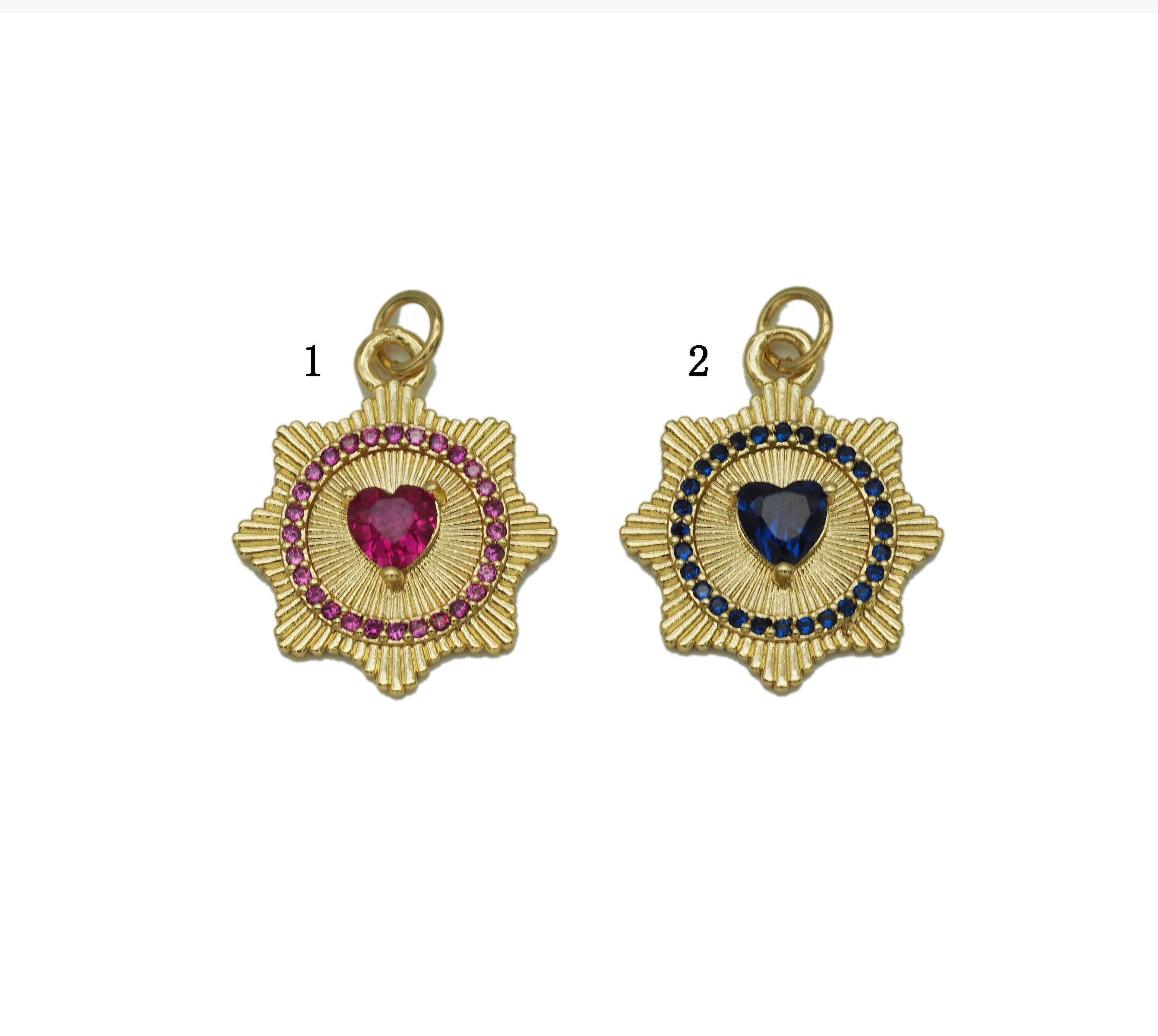 Blue Fuchsia CZ Spike Heart Coin Charm, Sku#LX44