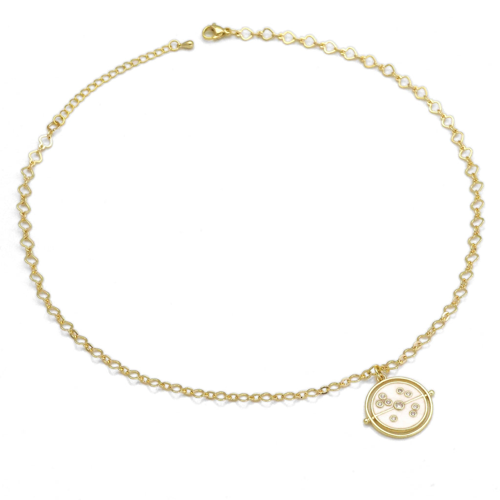 Heart Chain Necklace with White Arrow Dots Coin Pendant, Sku#EF329