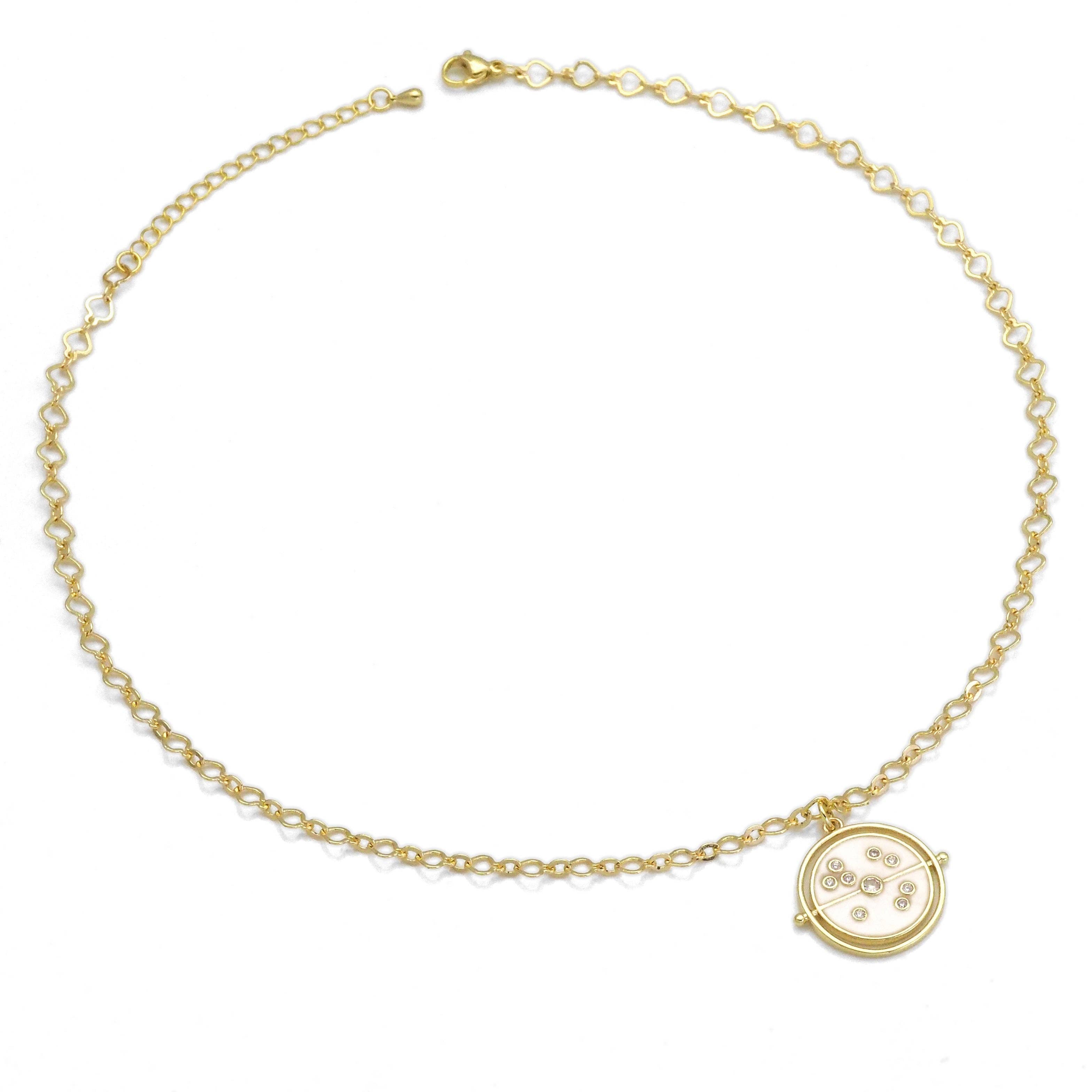 Heart Chain Necklace with White Arrow Dots Coin Pendant, Sku#EF329