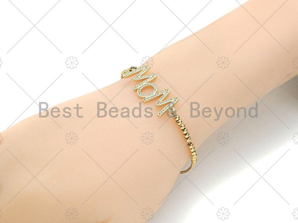 Gold Filled CZ Micro Pave Mom Word Shape Connector, 18K Gold Filled Mom Charm, Necklace Bracelet Links, 34x14mm,Sku#LD111