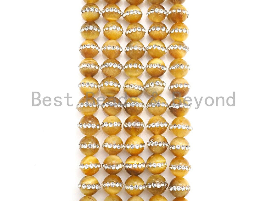 High Quality Golden Tiger Eye with Rhinestone Inlaid, 6mm/8mm/10mm/12mm Rpund Tiger eye Beads, 15.5'' Full Strand, SKU#V54