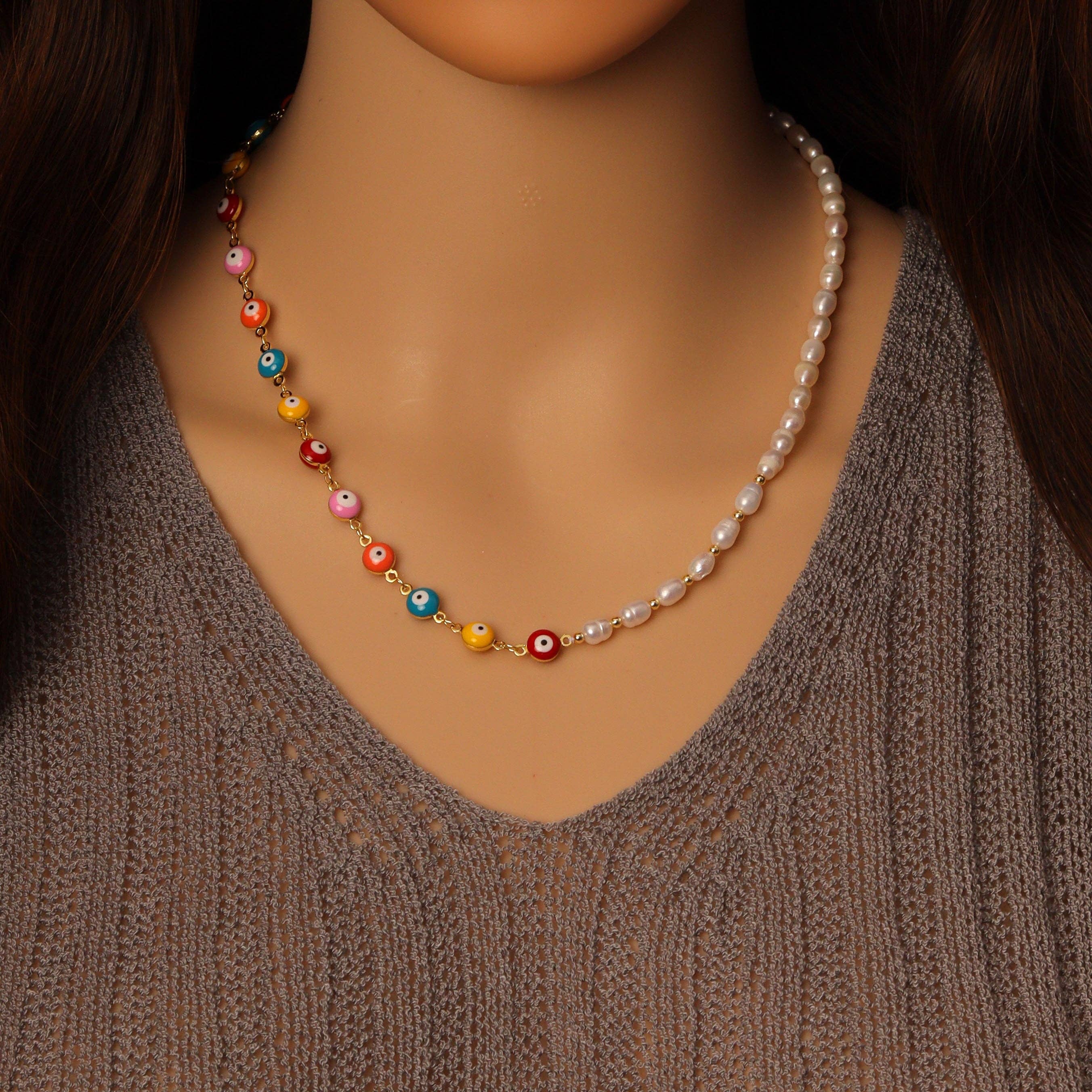 Colorful Enamel Evil Eye Freshwater Pearl  Necklace, Sku#EF477