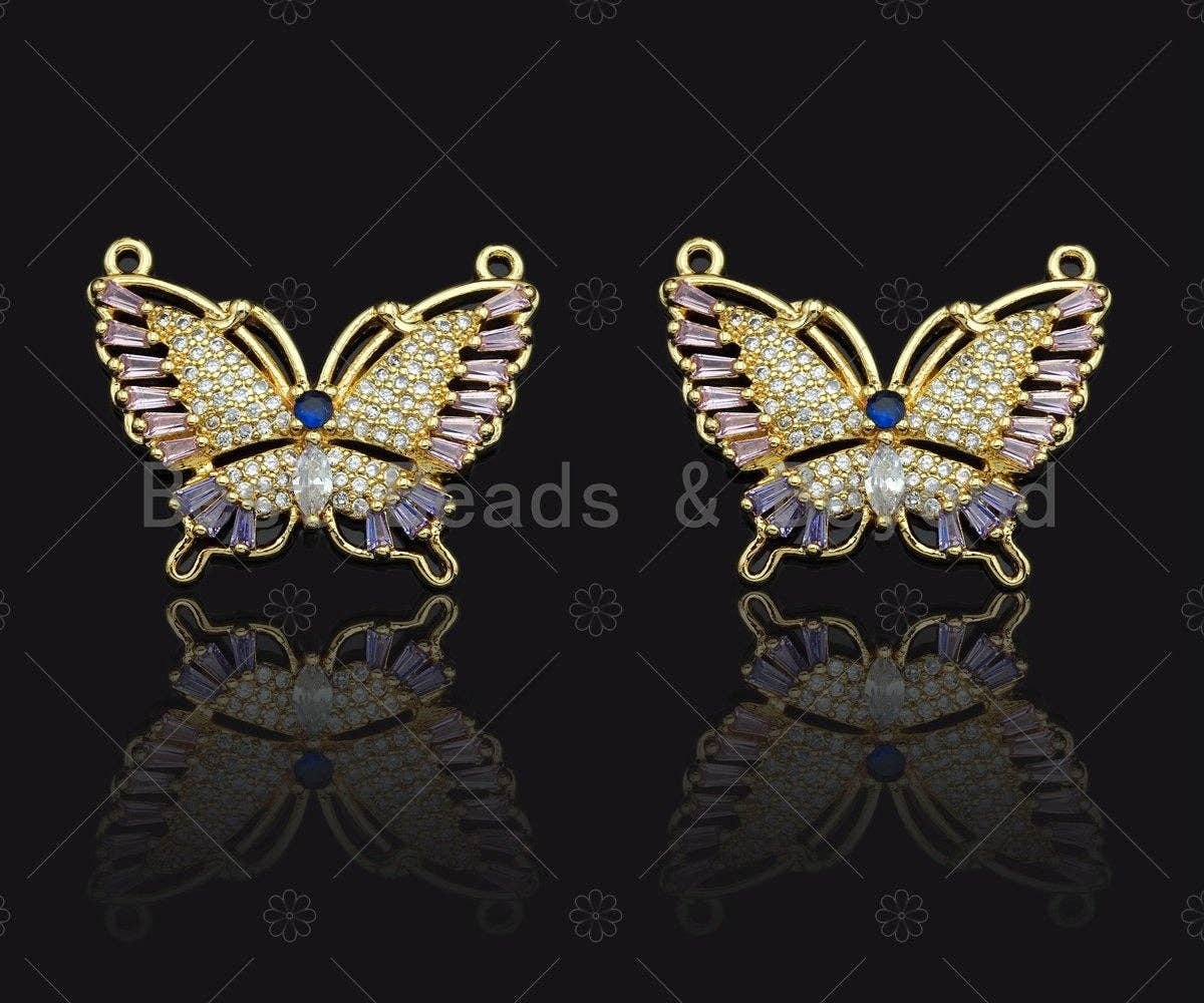 Purple CZ Micro Pave Butterfly Shape Pendant, Gold Plated Jewelry, Necklace Bracelet Charm Pendant, 22x29mm,sku#LD03