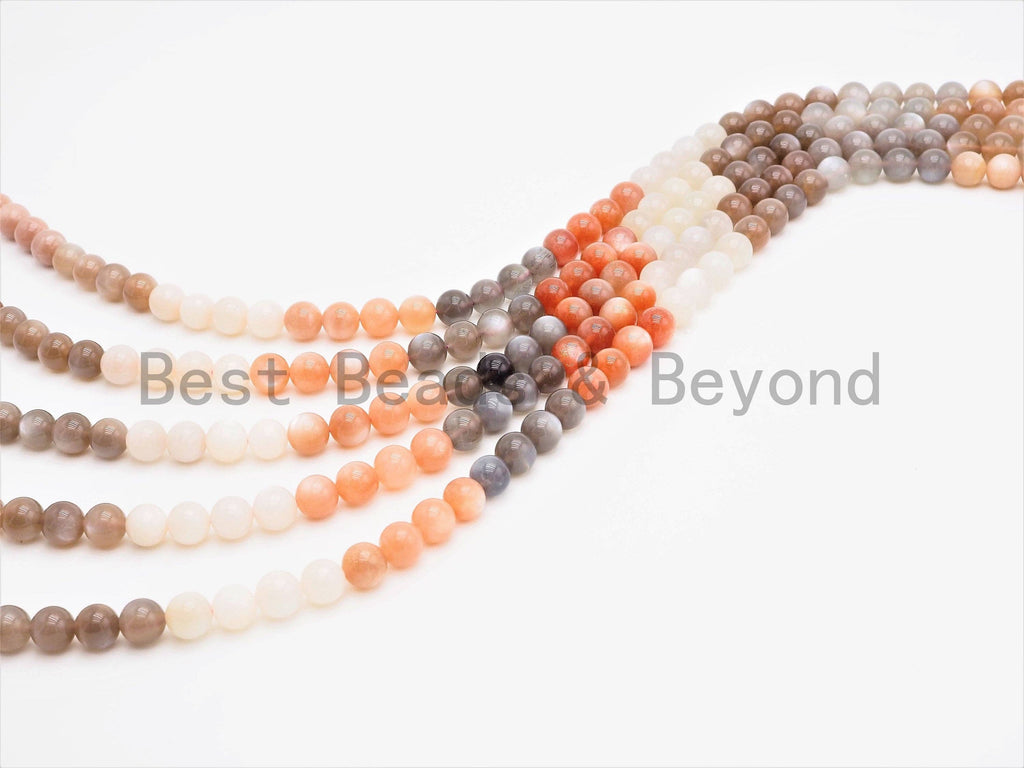 Quality Natural Mixed Color Moonstone Beads, 6/8/10/12mm Round Smooth beads, Peach Gray White Gemstone Beads, 15.5inch strand, SKU#U356