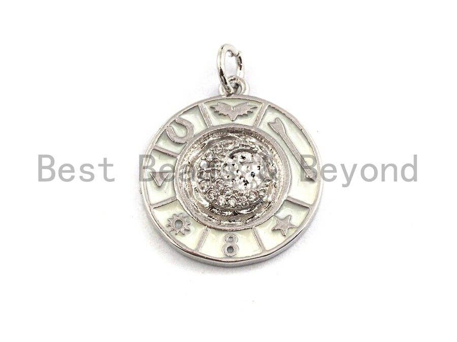 CZ Pave CZ White Enamel Round Disc Charms Pendant, Enamel Pendant,Round Enamel, Oil Drop jewelry Findings, 18x20mm,sku#Z379
