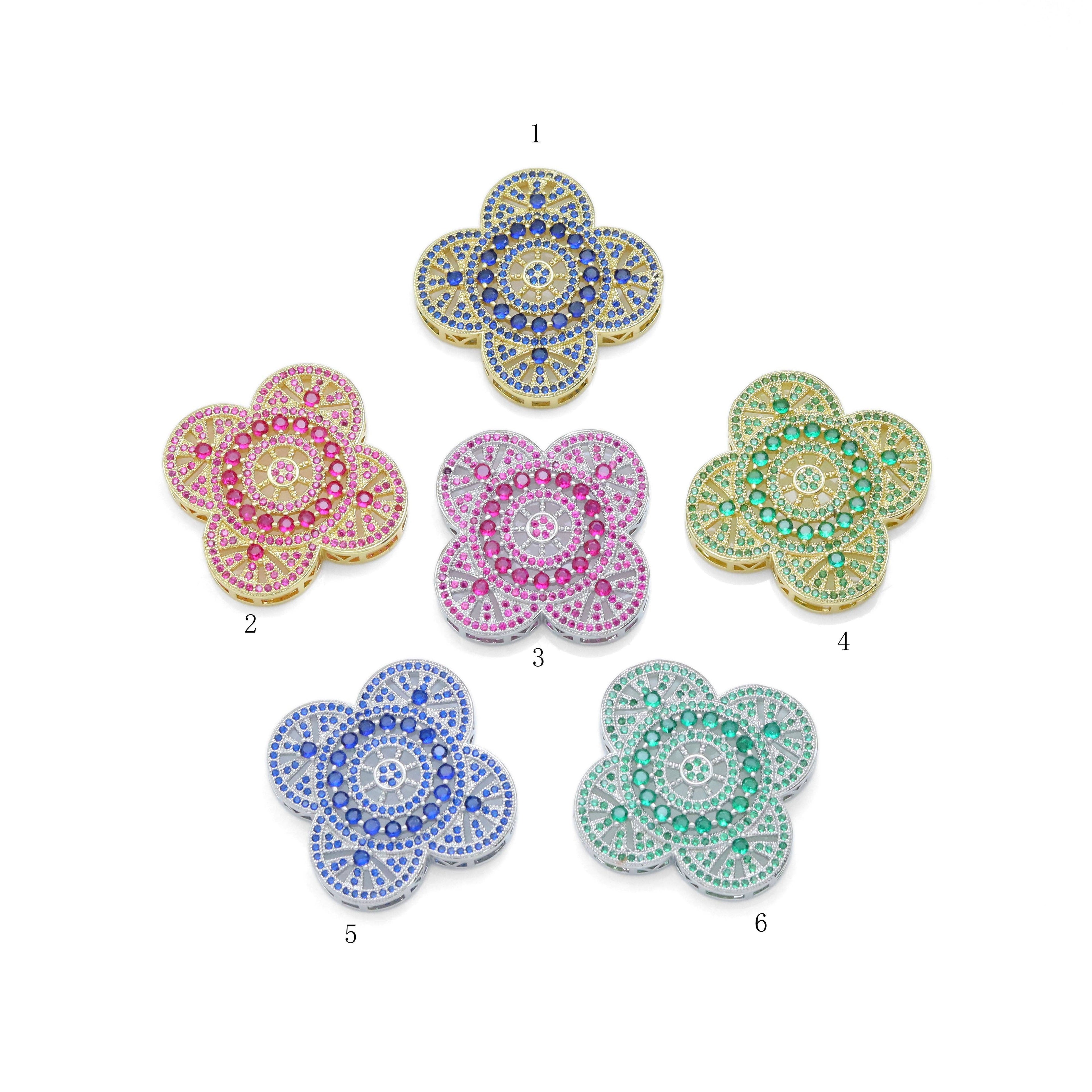 Colorful CZ Large four Petal Flower Charm Pendant, Sku#LX589
