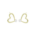 Gold White Pearl Heart Stud Earrings, Sku#LD478