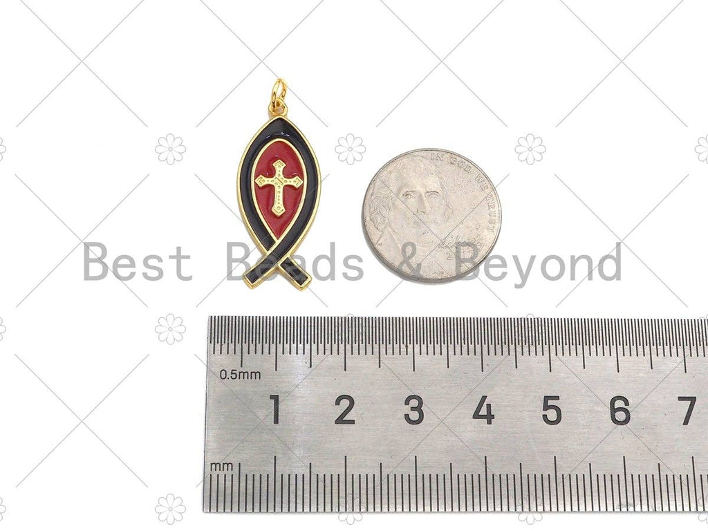 18K Gold Cross On Red/Black Enamel Fish Shape Pendant,Enamel Charm,Enamel Jewelry,13x31mm,Sku#LK303