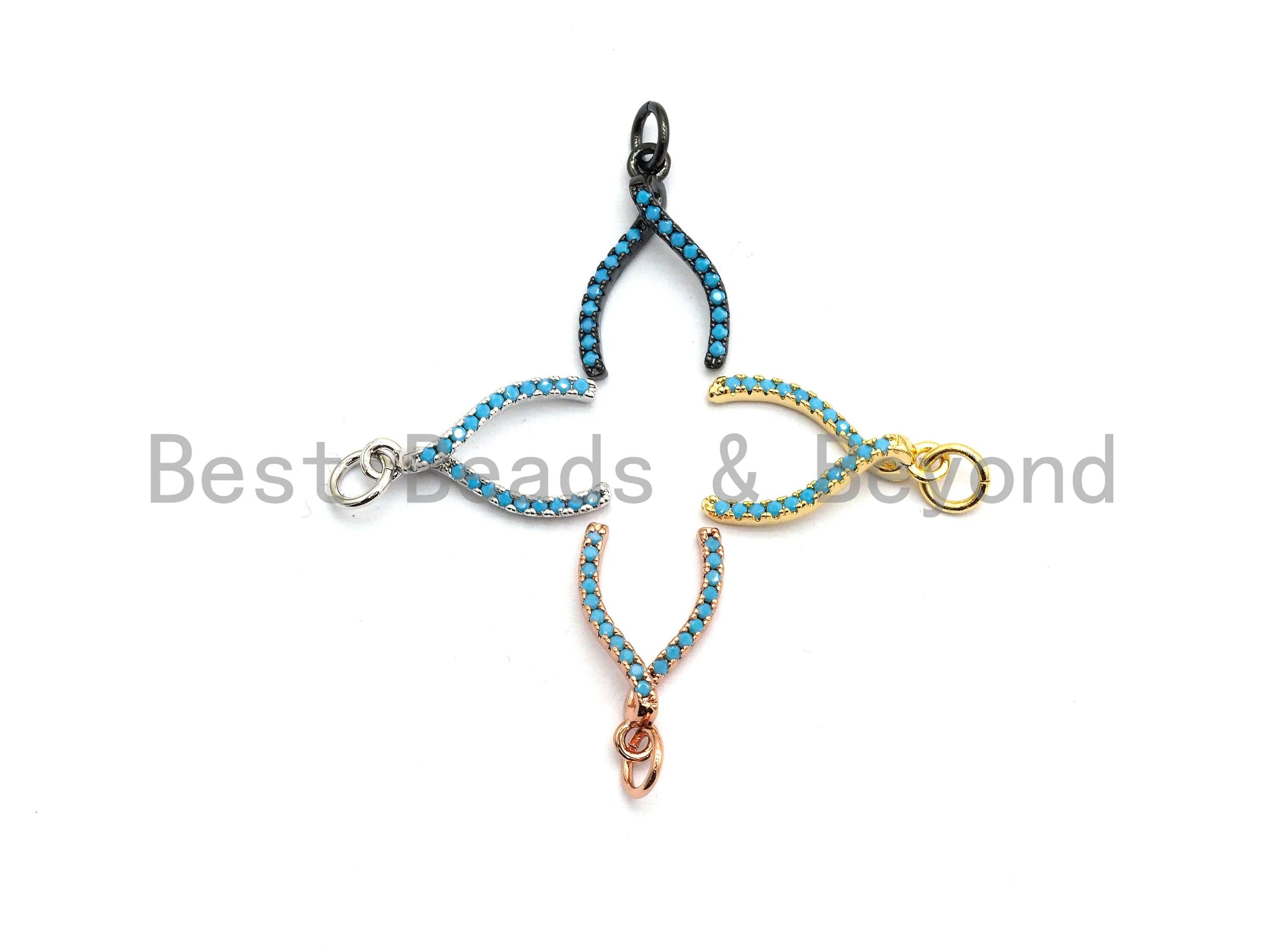 Turquoise CZ Micro Pave Wishbone Charm Pendant for Necklace/Bracelet, Cubic Zirconia Pendant, 10x16mm, sku#Y194