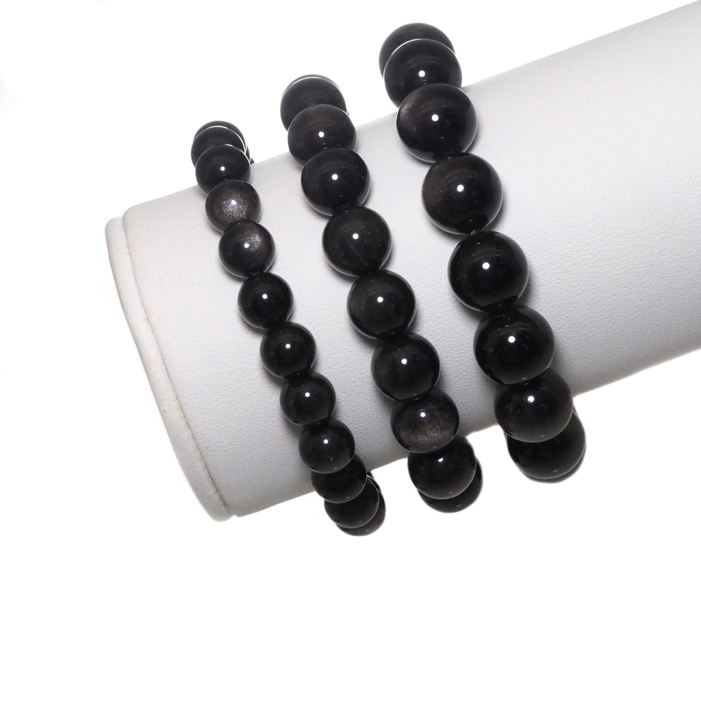 Genuine Silver Obsidian Round Smooth Stretchy Bracelet, 8mm/10mm/12mm, Sku#EF300