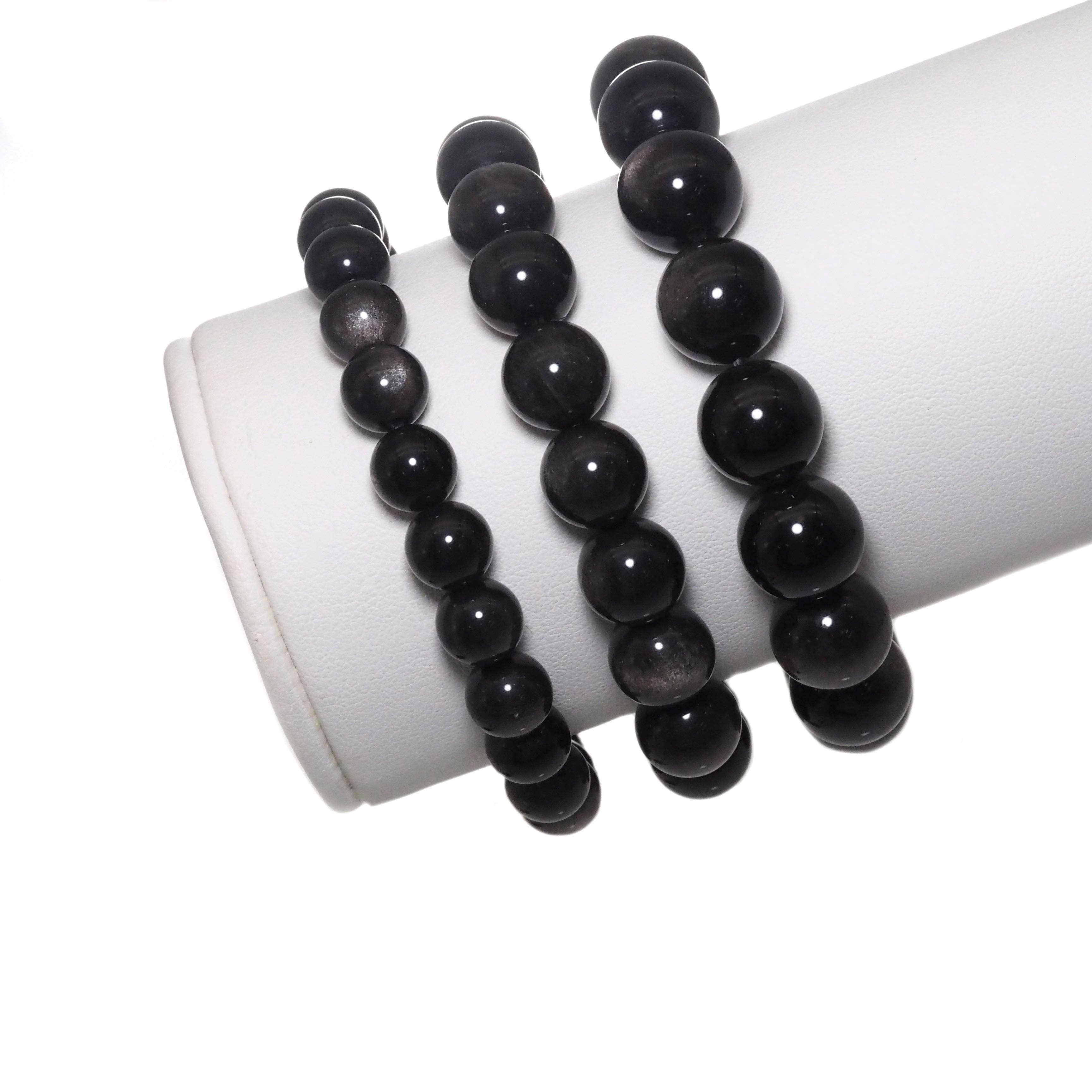 Genuine Silver Obsidian Round Smooth Stretchy Bracelet, 8mm/10mm/12mm, Sku#EF300