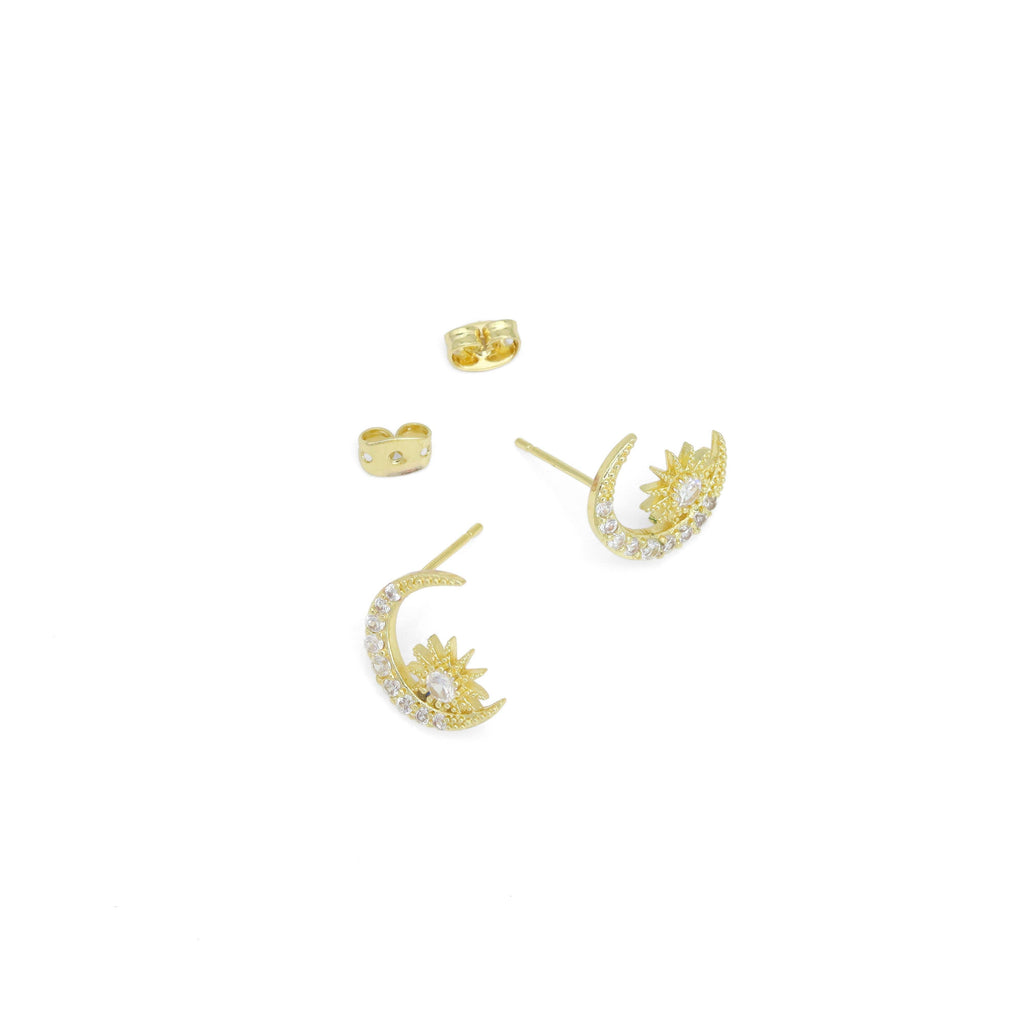 Clear CZ Cresent Moon Star Stud Earrings, Sku#A412