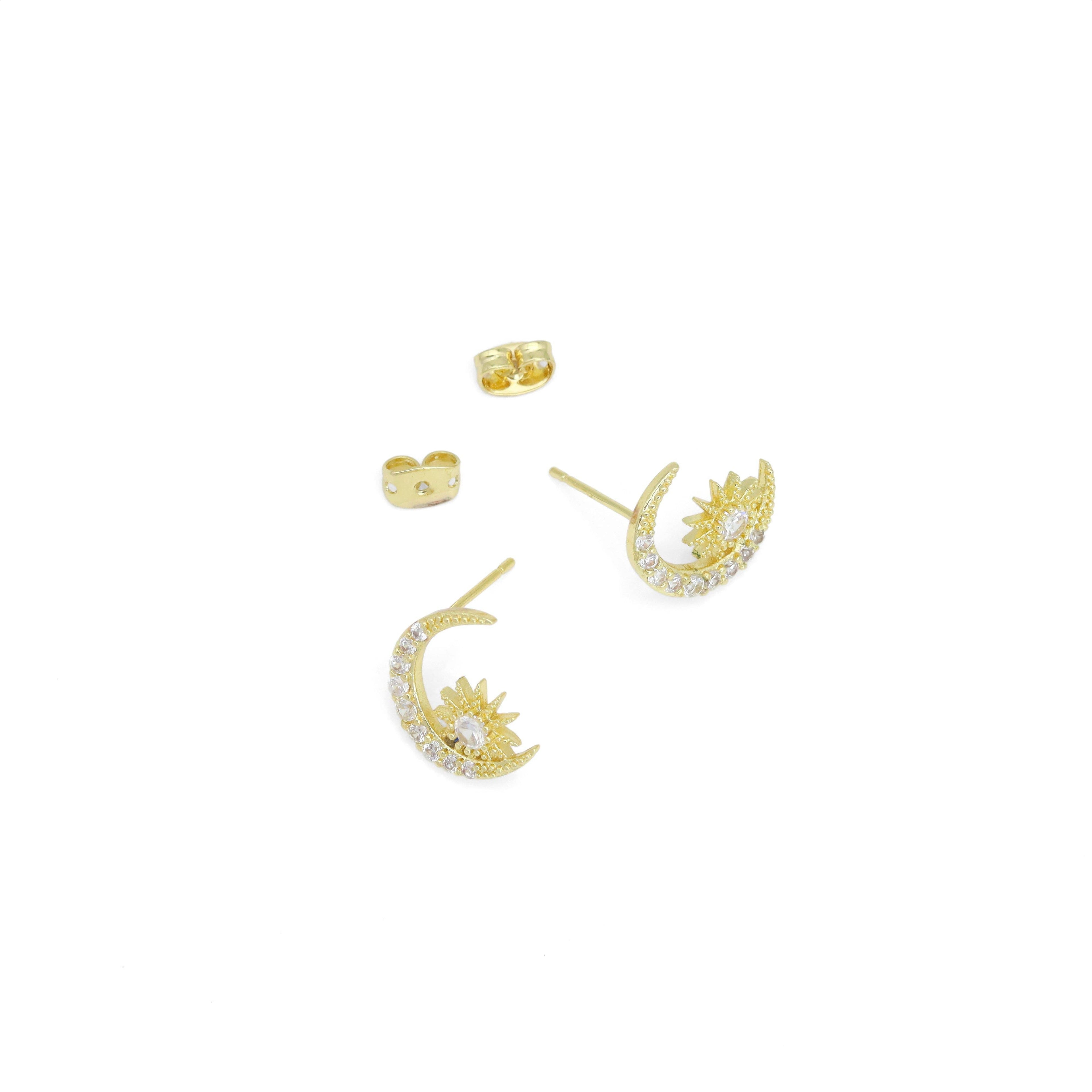 Clear CZ Cresent Moon Star Stud Earrings, Sku#A412