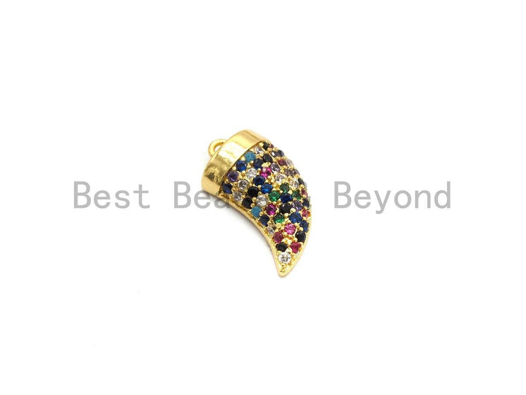 CZ Micro Pave Multi-color OX Horn Pendant, Horn Shaped Pave Pendant, Colorful Gold plated, 9x16mm, Sku#B113